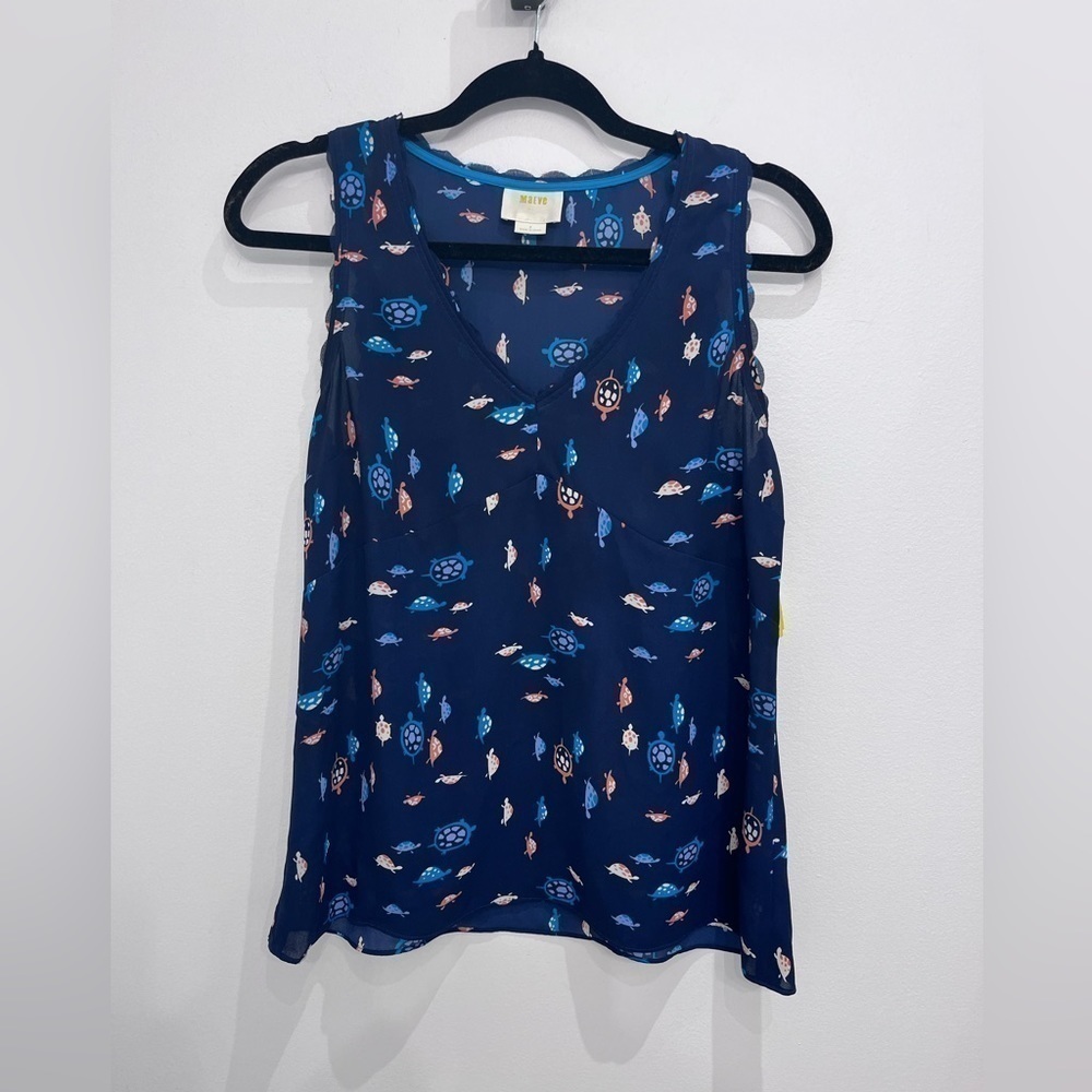 2/40$ MAEVE Anthropologie Navy Blue Sleeveless Turtle Print Tank Scalloped Sz 2